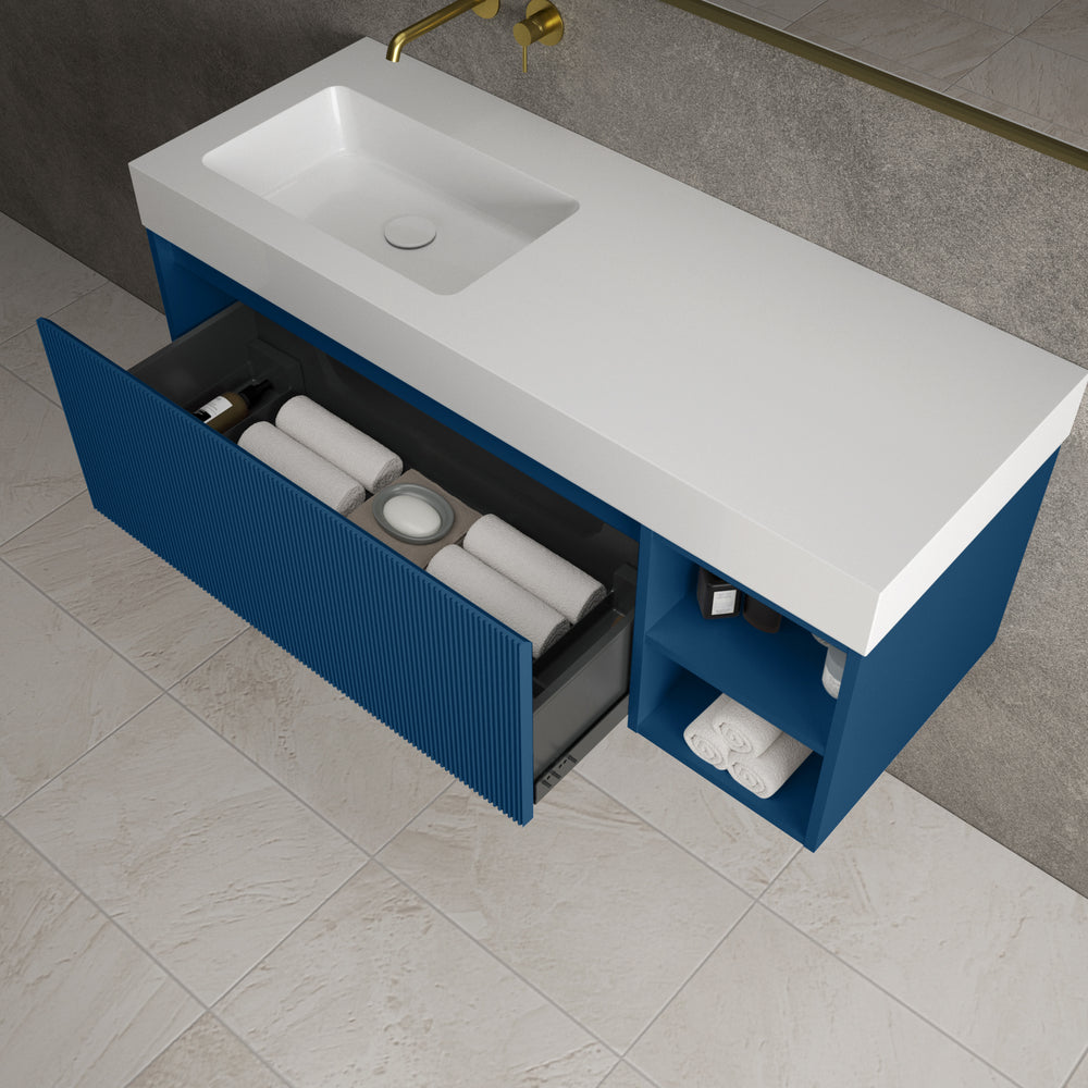 Scanalato Single Drawer Vanity Unit With Open Storage Space And Beyondstone BLOC Basin - Ocean Blue 1200mm