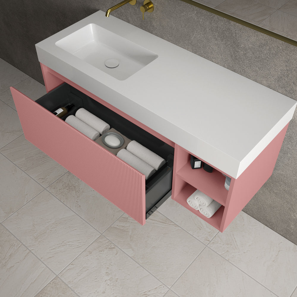 Scanalato Single Drawer Vanity Unit With Open Storage Space And Beyondstone BLOC Basin - Dusky Pink 1200mm