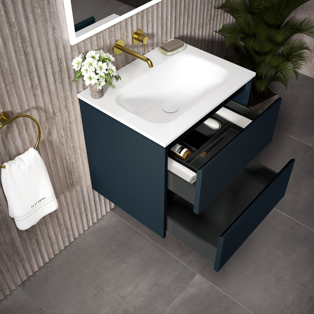 Scanalato Double Drawer Vanity Unit  With Beyondstone Basin - Midnight Blue 600mm