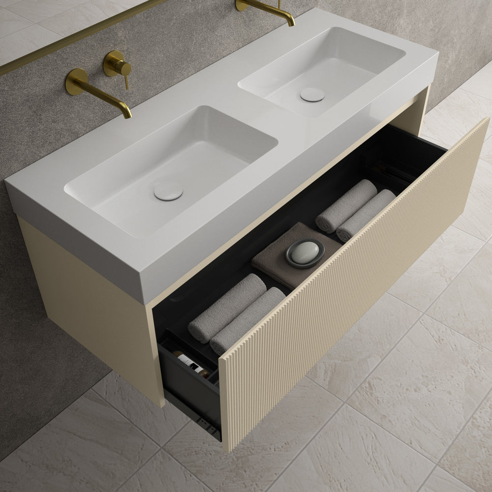 Scanalato Single Drawer Vanity Unit With Beyondstone BLOC Double Basin - Cashmere 1200mm