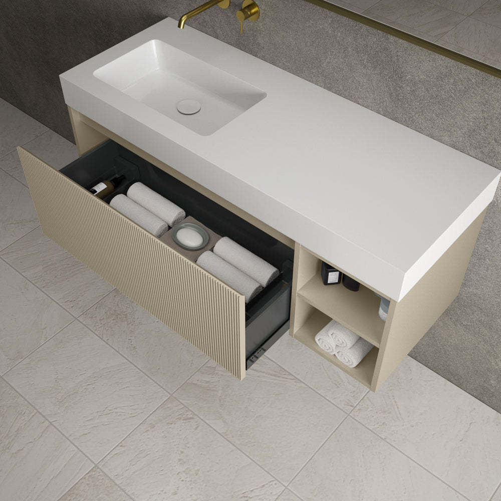 Scanalato Single Drawer Vanity Unit With Open Storage Space And Beyondstone BLOC Basin - Cashmere 1200mm