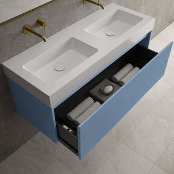 Scanalato Single Drawer Vanity Unit With Beyondstone BLOC Double Basin - Soft Blue 1200mm