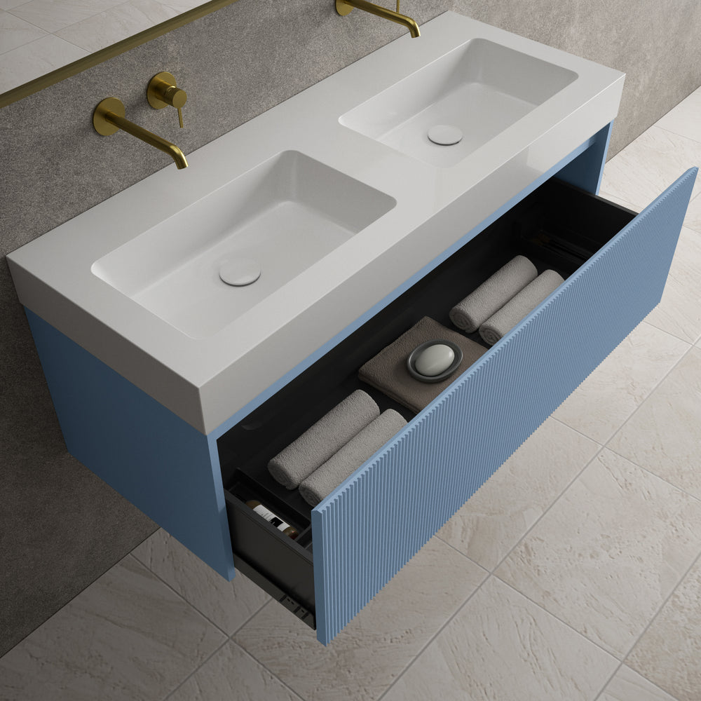 Scanalato Single Drawer Vanity Unit With Beyondstone BLOC Double Basin - Soft Blue 1200mm