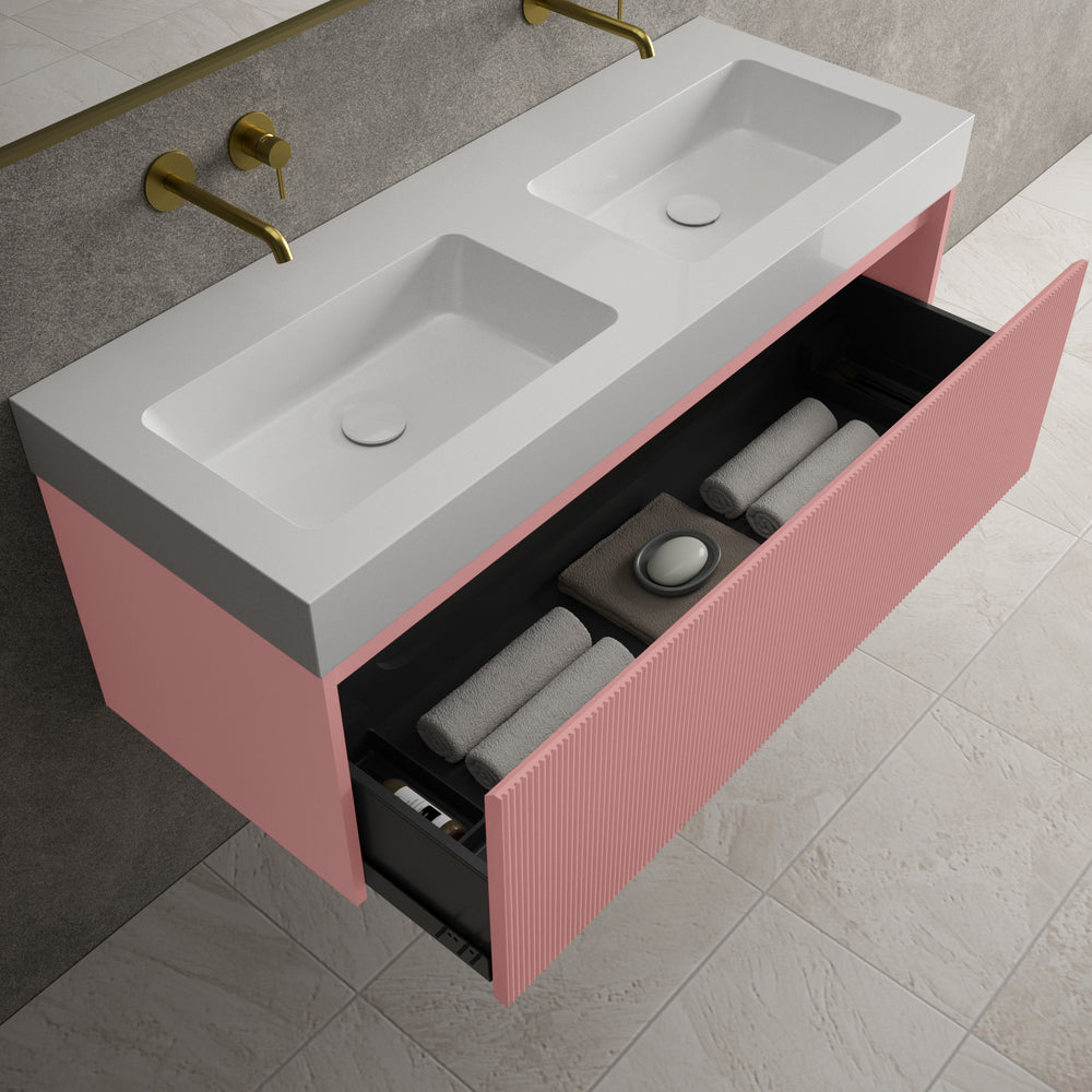 Scanalato Single Drawer Vanity Unit With Beyondstone BLOC Double Basin - Dusky Pink 1200mm