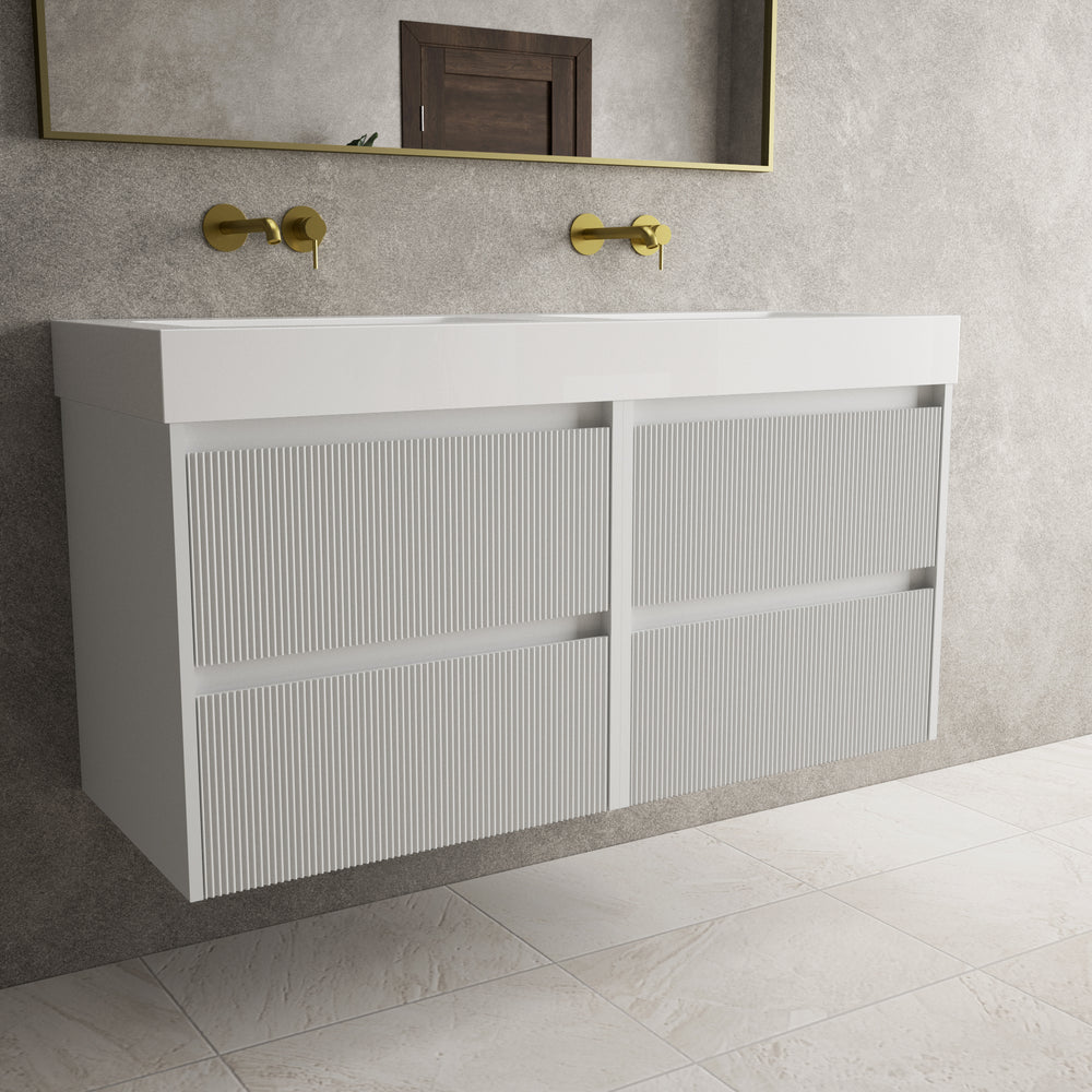 Scanalato Four Drawer Vanity Unit With Beyondstone BLOC Double Basin - Soft Grey 1200mm