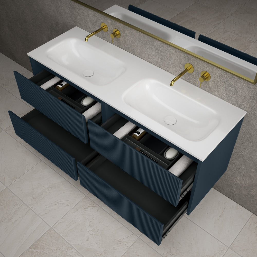 Scanalato Four Drawer Vanity Unit With Beyondstone Double Basin - Midnight Blue 1400mm
