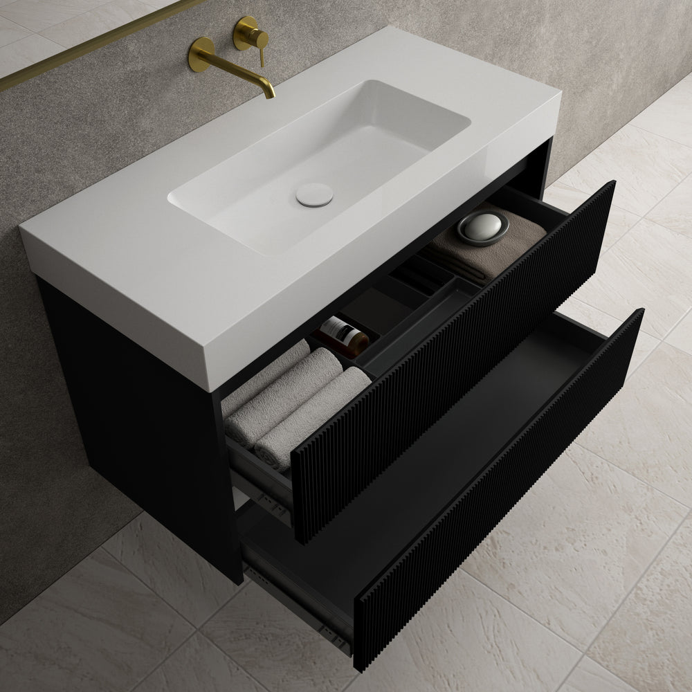 Scanalato Double Drawer Vanity Unit  With Beyondstone BLOC Basin - Pure Black 1000mm