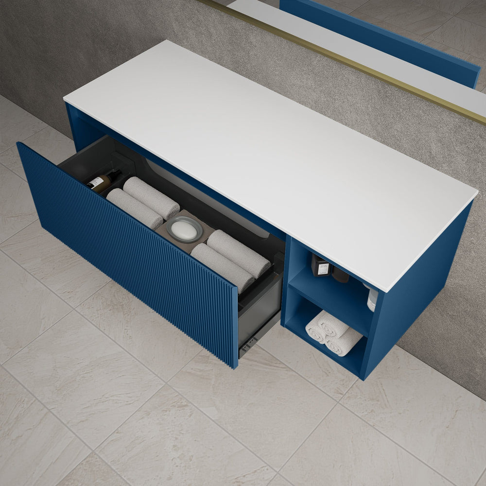 Scanalato Single Drawer Countertop Vanity Unit With Open Storage Space - Ocean Blue 1200mm