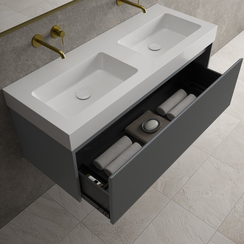 Scanalato Single Drawer Vanity Unit With Beyondstone BLOC Double Basin - Dove Grey 1200mm