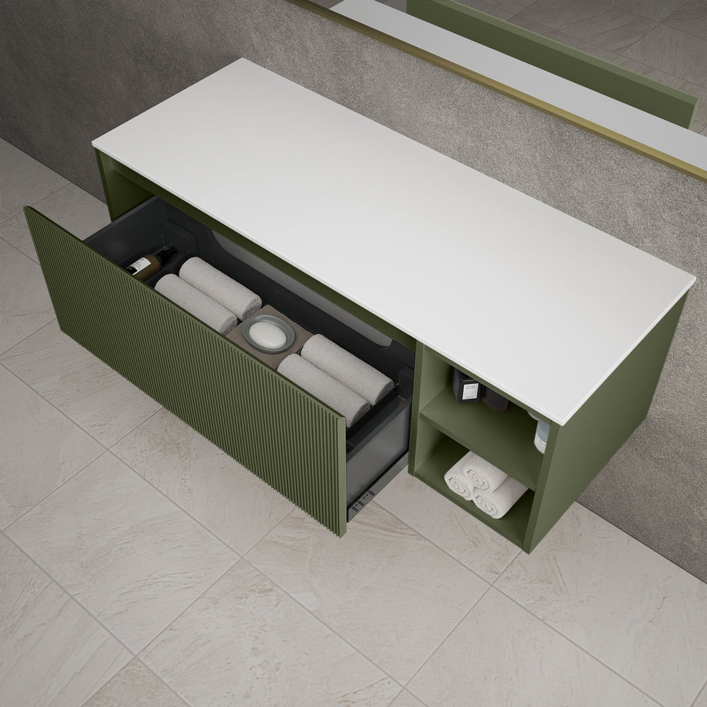 Scanalato Single Drawer Countertop Vanity Unit With Open Storage Space - Seaweed 1200mm