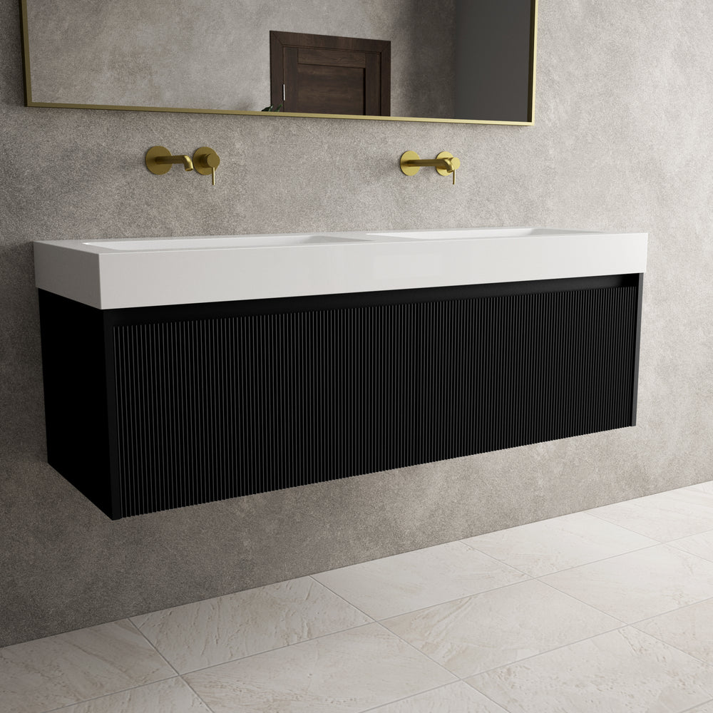 Scanalato Double Drawer Vanity Unit With Beyondstone BLOC Double Basin - Pure Black 1400mm