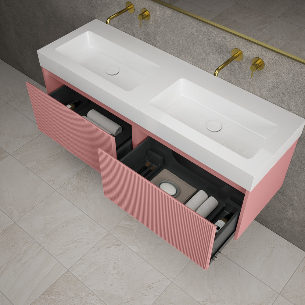 Scanalato Double Drawer Vanity Unit With Beyondstone BLOC Double Basin - Dusky Pink 1400mm