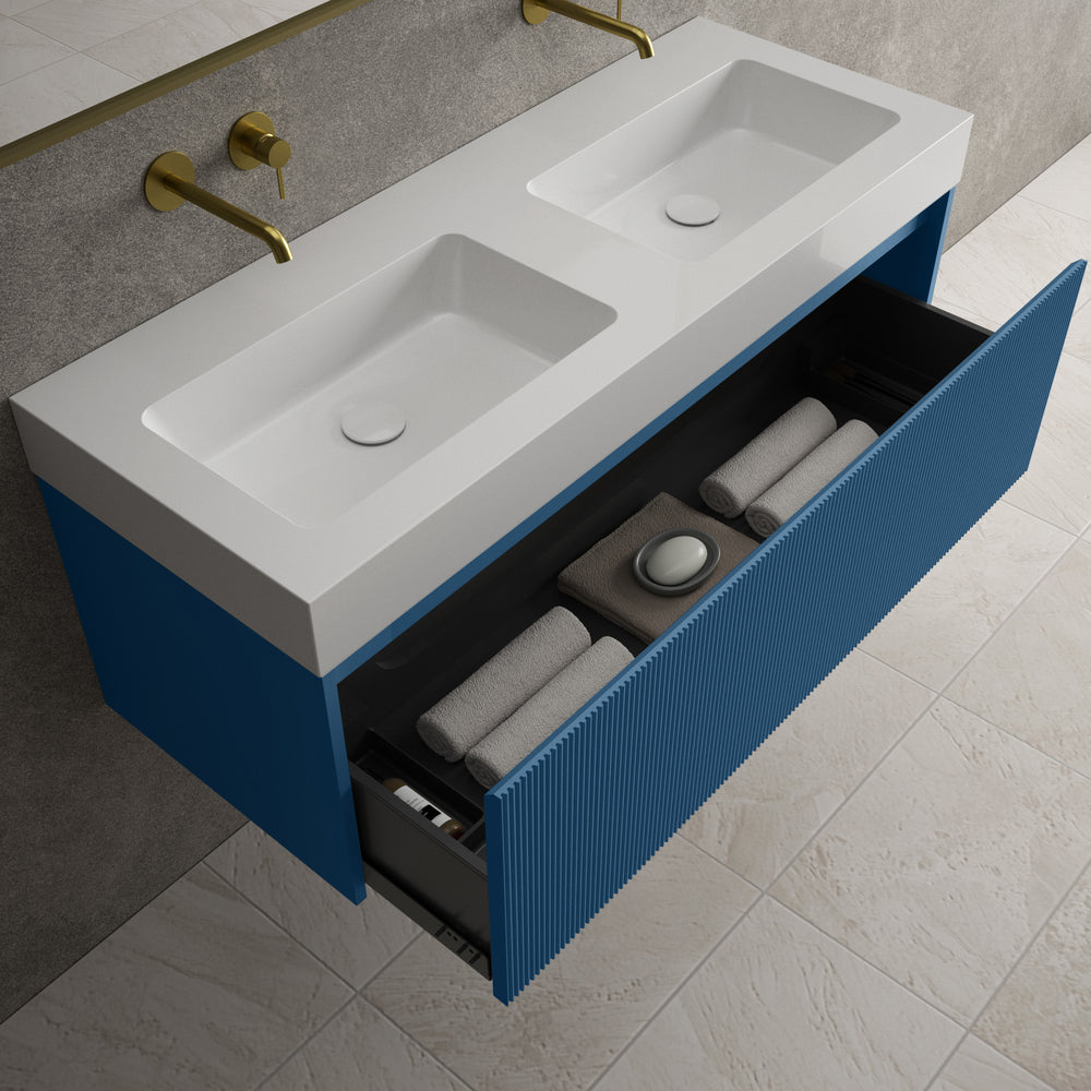Scanalato Single Drawer Vanity Unit With Beyondstone BLOC Double Basin - Ocean Blue 1200mm