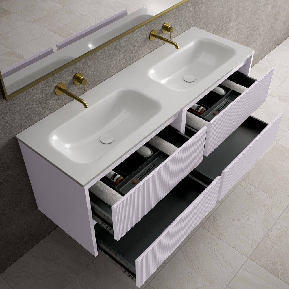 Scanalato Four Drawer Vanity Unit With Beyondstone Double Basin - Soft Violet 1400mm