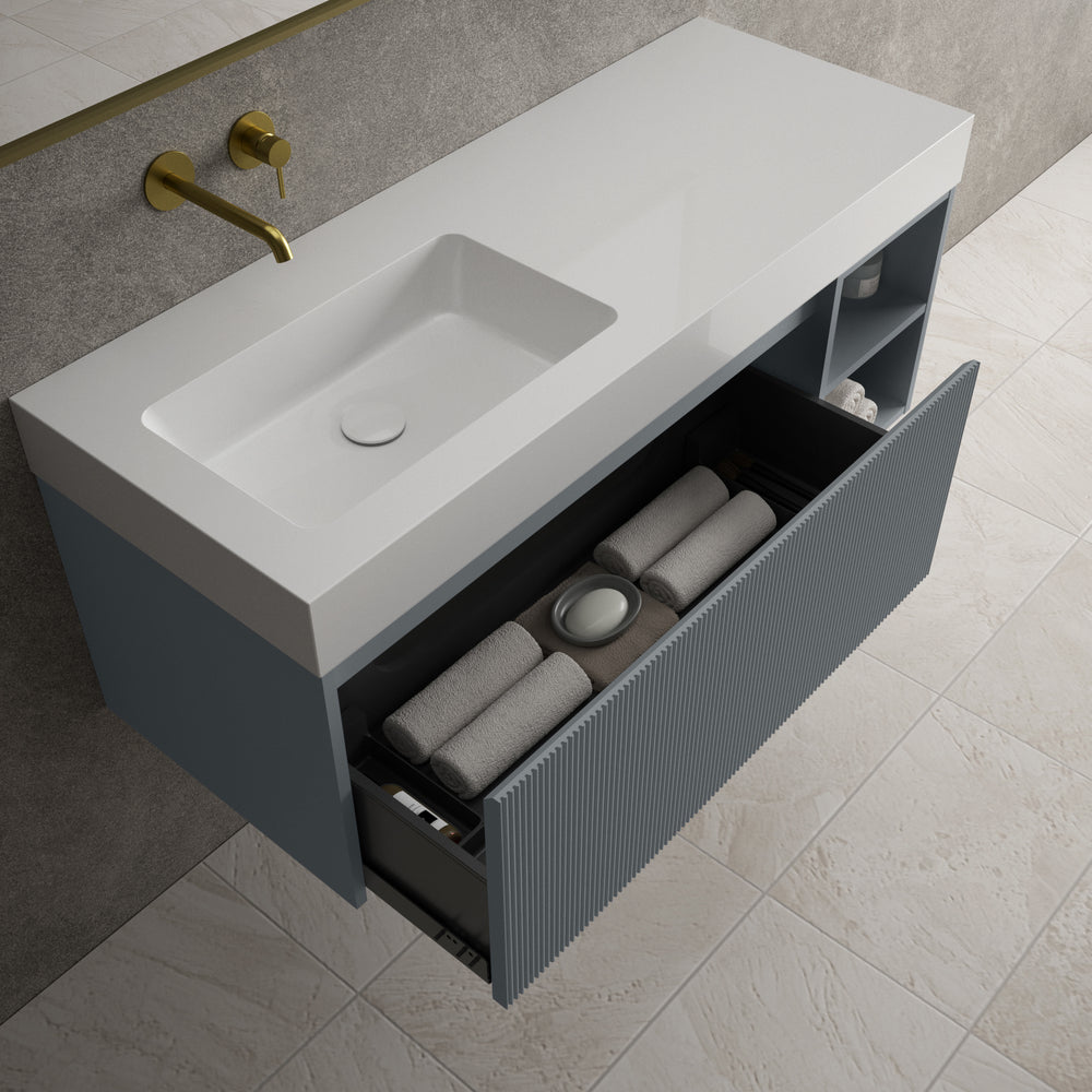Scanalato Single Drawer Vanity Unit With Open Storage Space And Beyondstone BLOC Basin - Slate Grey 1200mm