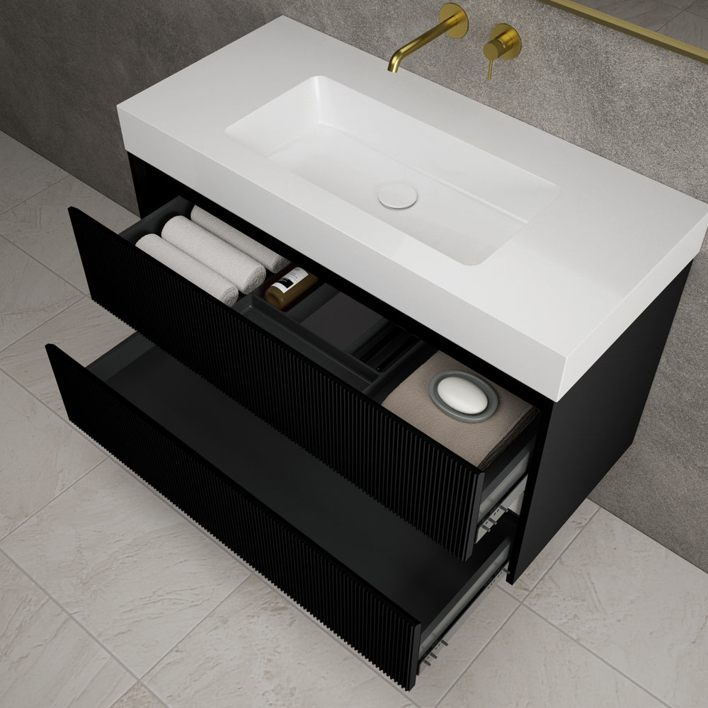 Scanalato Double Drawer Vanity Unit  With Beyondstone BLOC Basin - Pure Black 1000mm