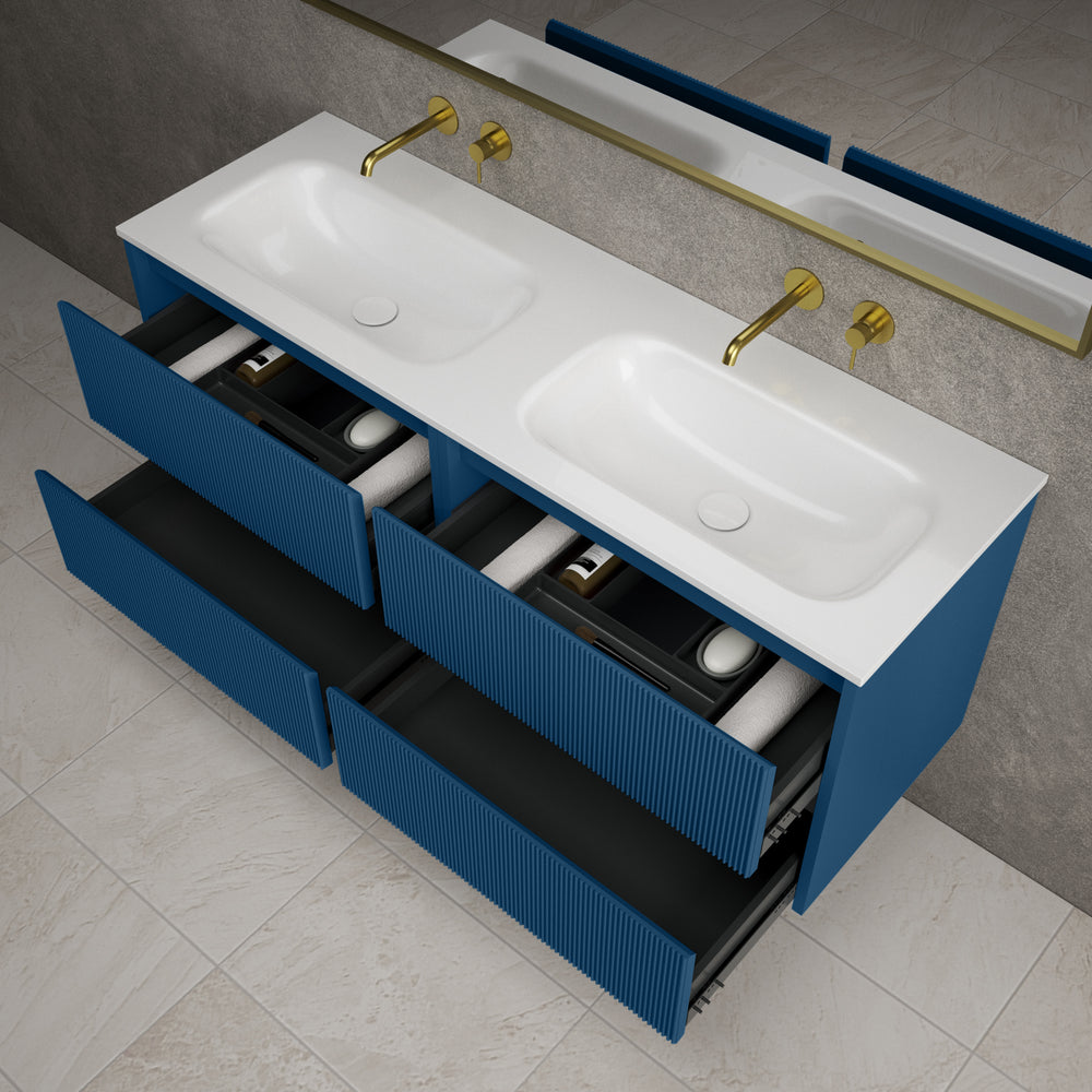 Scanalato Four Drawer Vanity Unit With Beyondstone Double Basin - Ocean Blue 1400mm