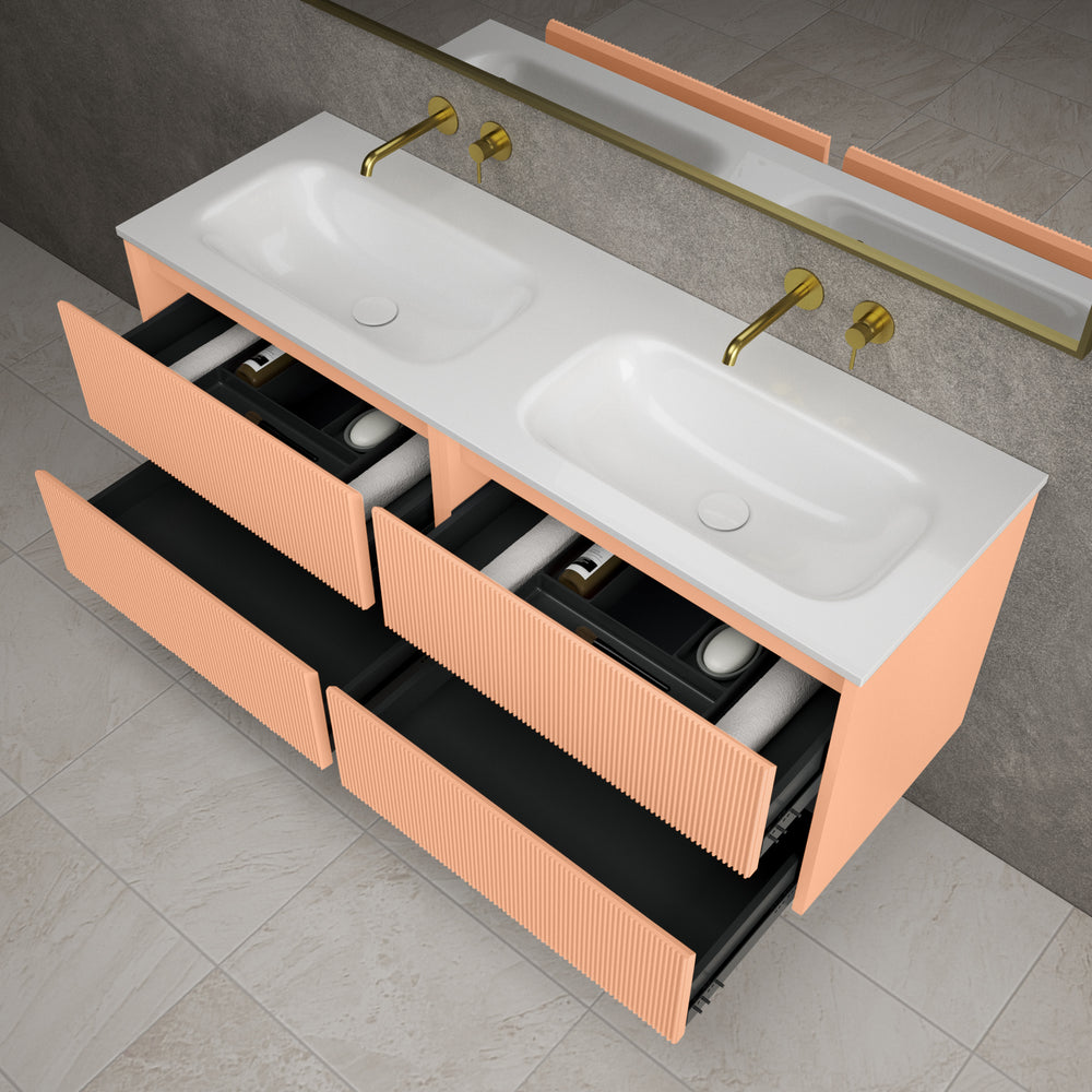 Scanalato Four Drawer Vanity Unit With Beyondstone Double Basin - Peach Fuzz 1400mm