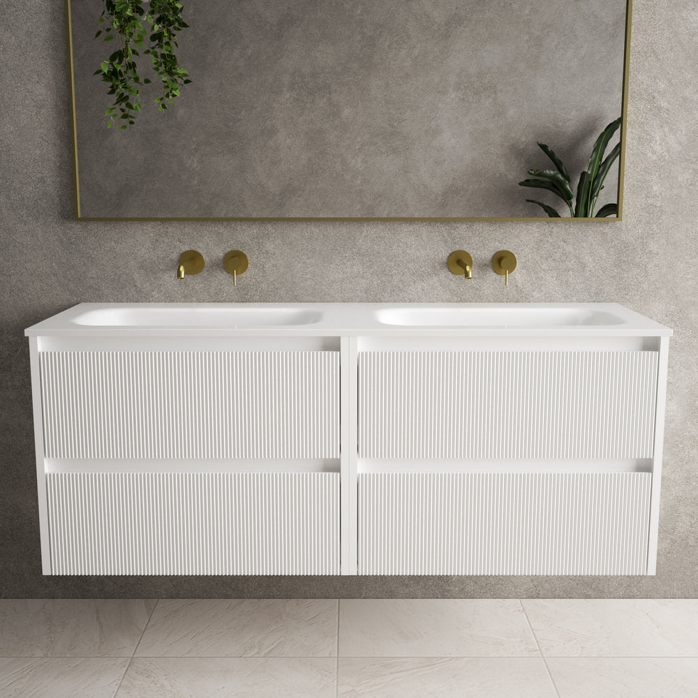 Scanalato Four Drawer Vanity Unit With Beyondstone Double Basin - Pure White 1400mm