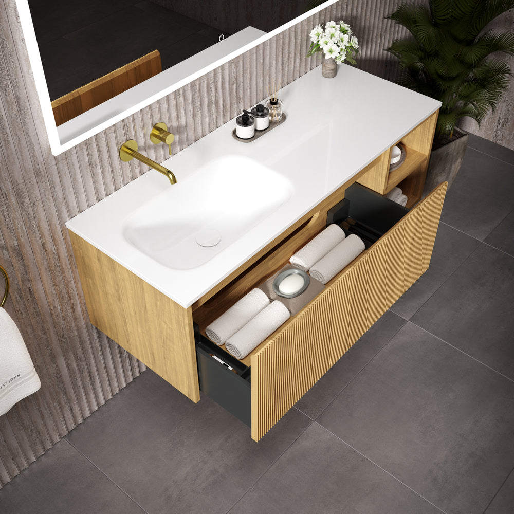 Scanalato Single Drawer Vanity Unit With Open Storage Space And Left Hand Beyondstone Basin - Oak 1200mm