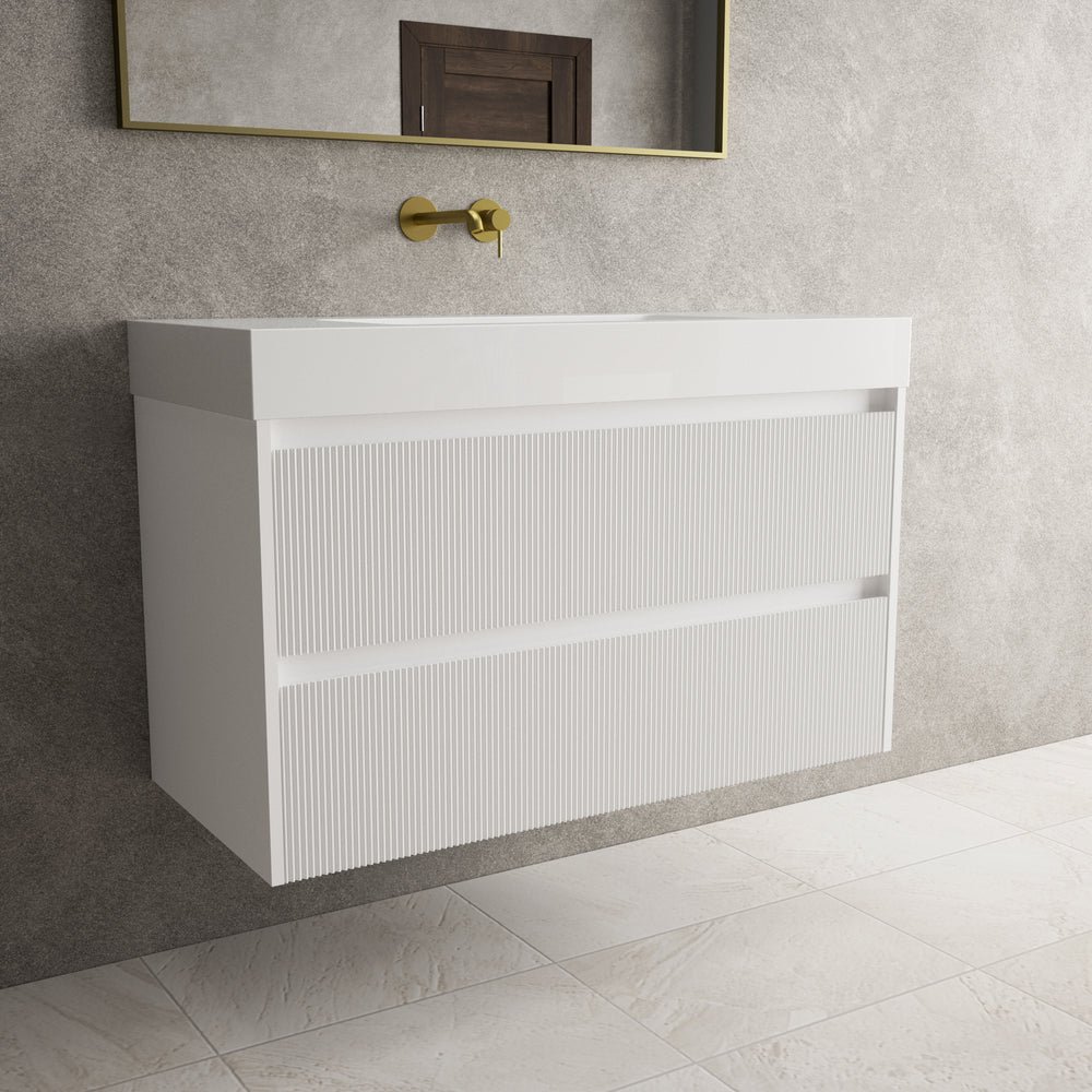 Scanalato Double Drawer Vanity Unit  With Beyondstone BLOC Basin - Pure White 1000mm