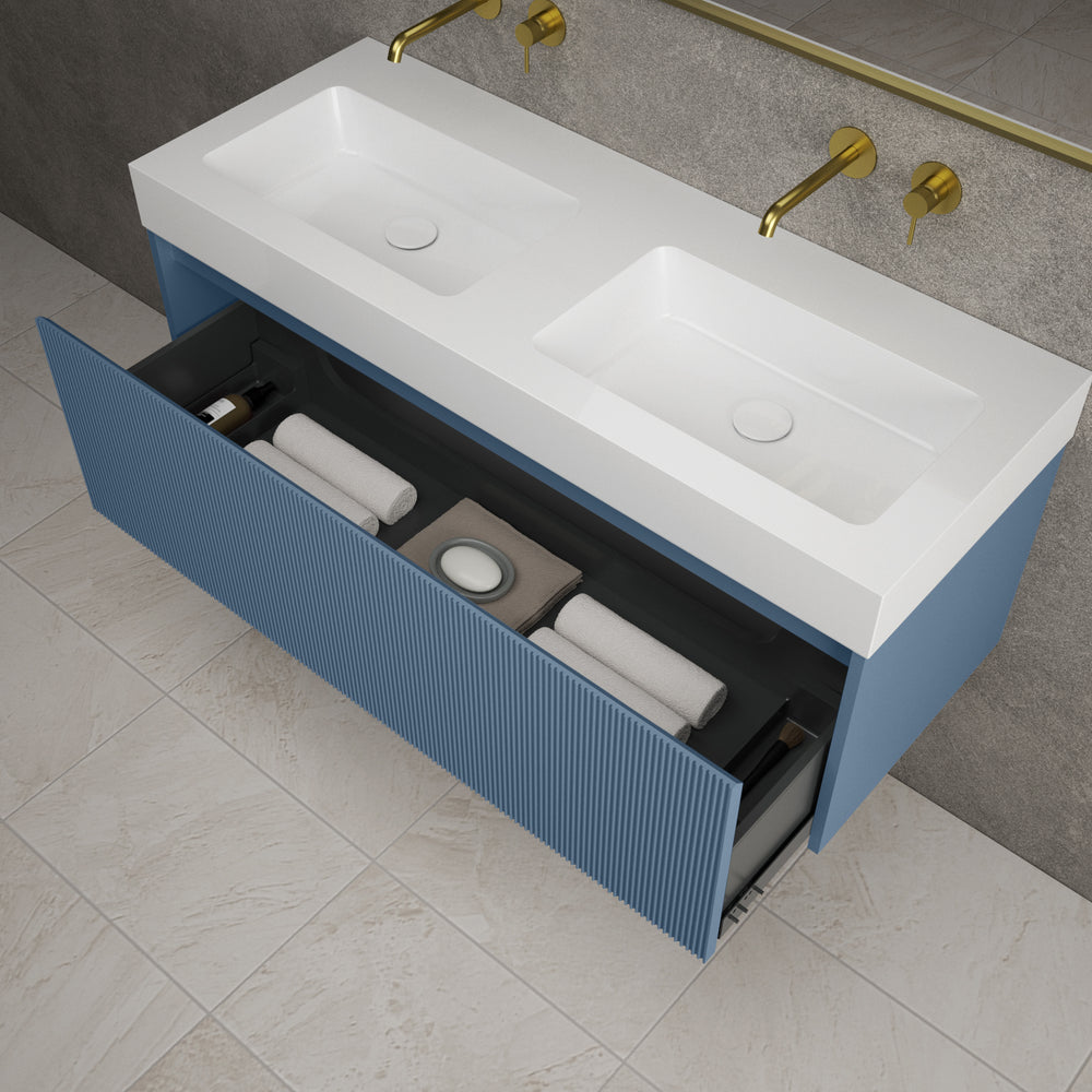 Scanalato Single Drawer Vanity Unit With Beyondstone BLOC Double Basin - Soft Blue 1200mm