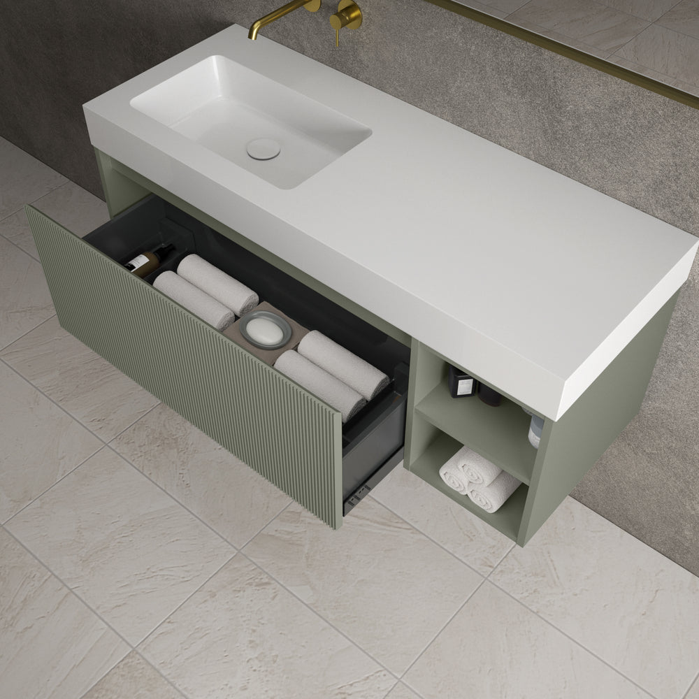 Scanalato Single Drawer Vanity Unit With Open Storage Space And Beyondstone BLOC Basin - Pistachio 1200mm