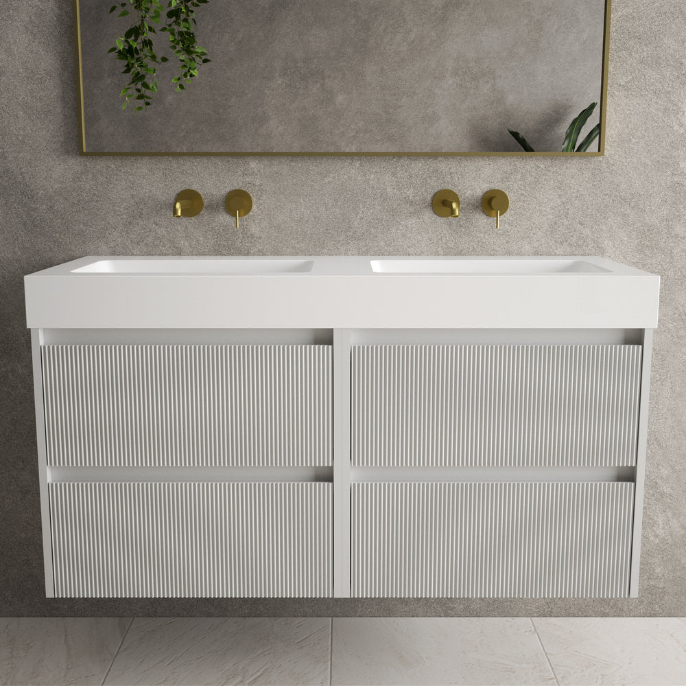 Scanalato Four Drawer Vanity Unit With Beyondstone BLOC Double Basin - Soft Grey 1200mm