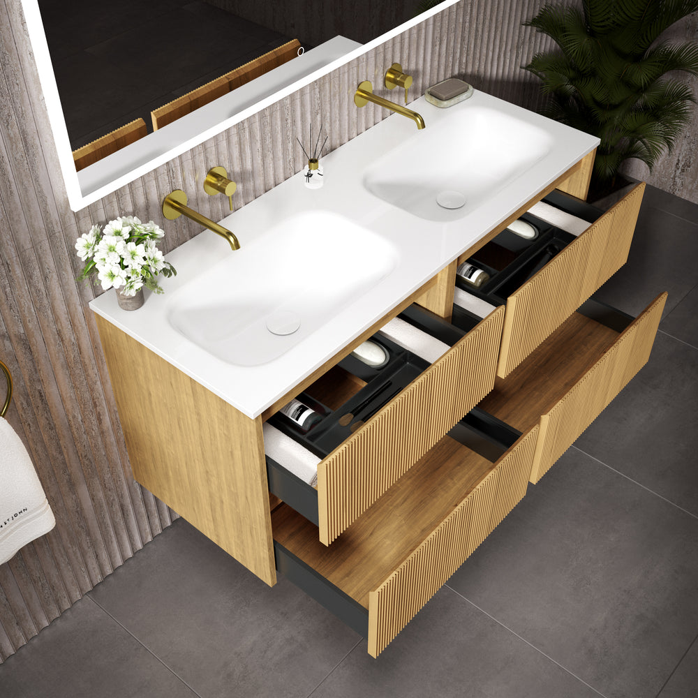 Scanalato Four Drawer Vanity Unit With Beyondstone Double Basin - Oak 1200mm