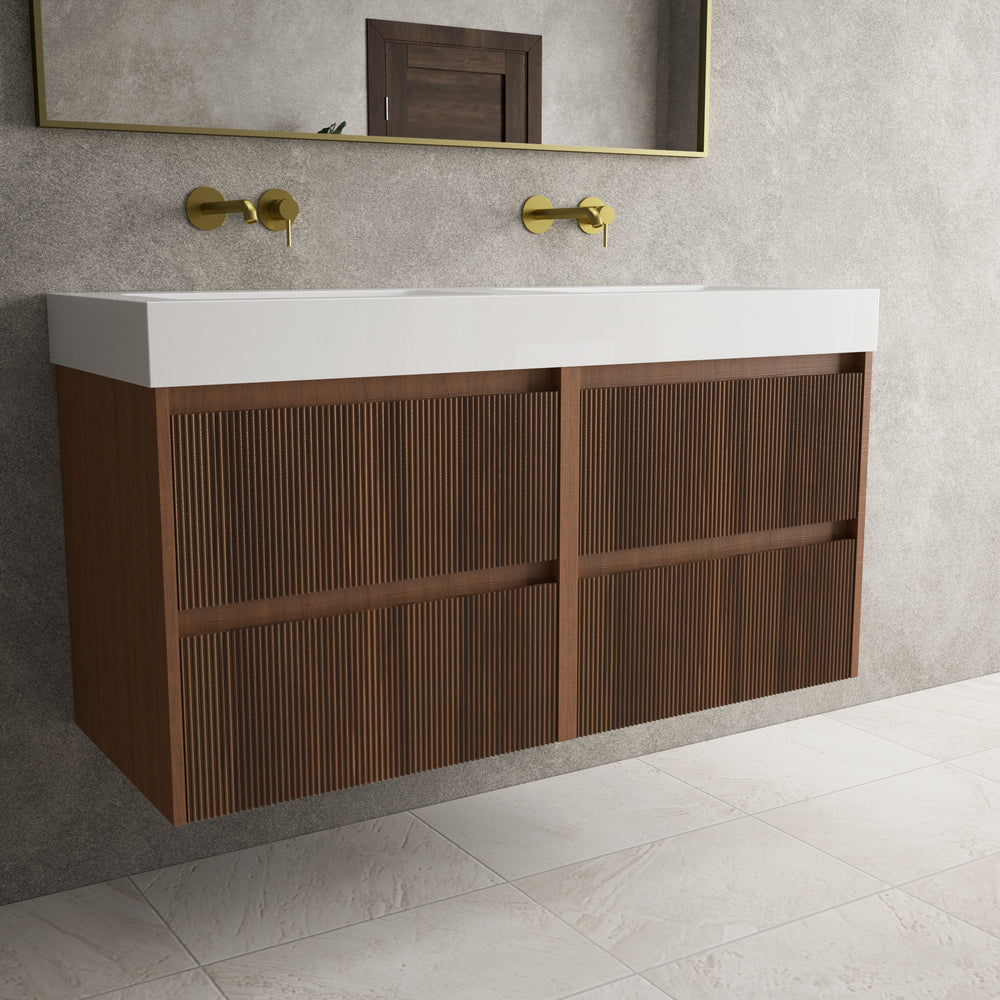Scanalato Four Drawer Vanity Unit With Beyondstone BLOC Double Basin - Walnut 1200mm