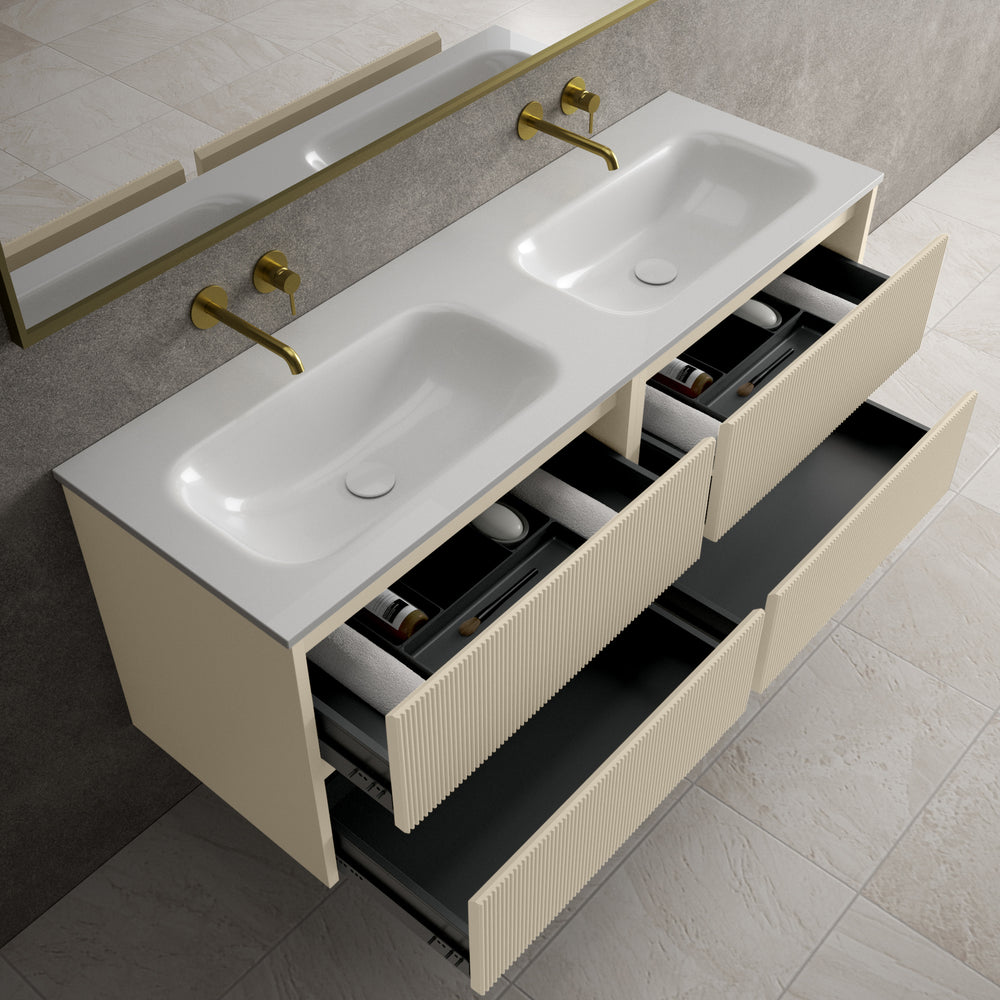 Scanalato Four Drawer Vanity Unit With Beyondstone Double Basin - Cashmere 1400mm