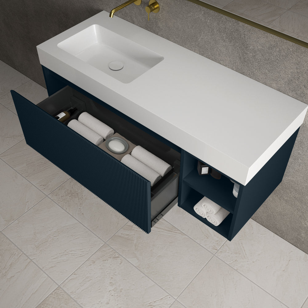 Scanalato Single Drawer Vanity Unit With Open Storage Space And Beyondstone BLOC Basin - Midnight Blue 1200mm