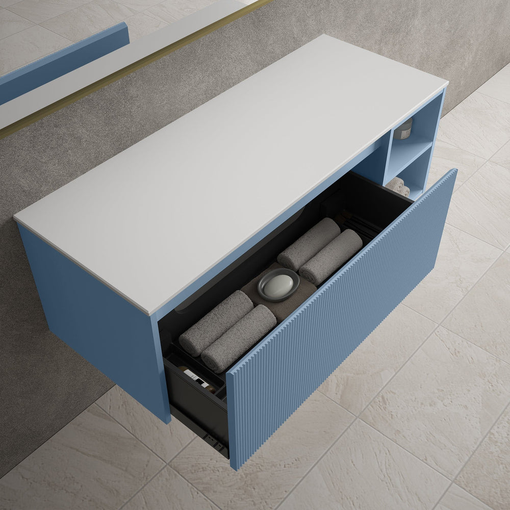 Scanalato Single Drawer Countertop Vanity Unit With Open Storage Space - Soft Blue 1200mm