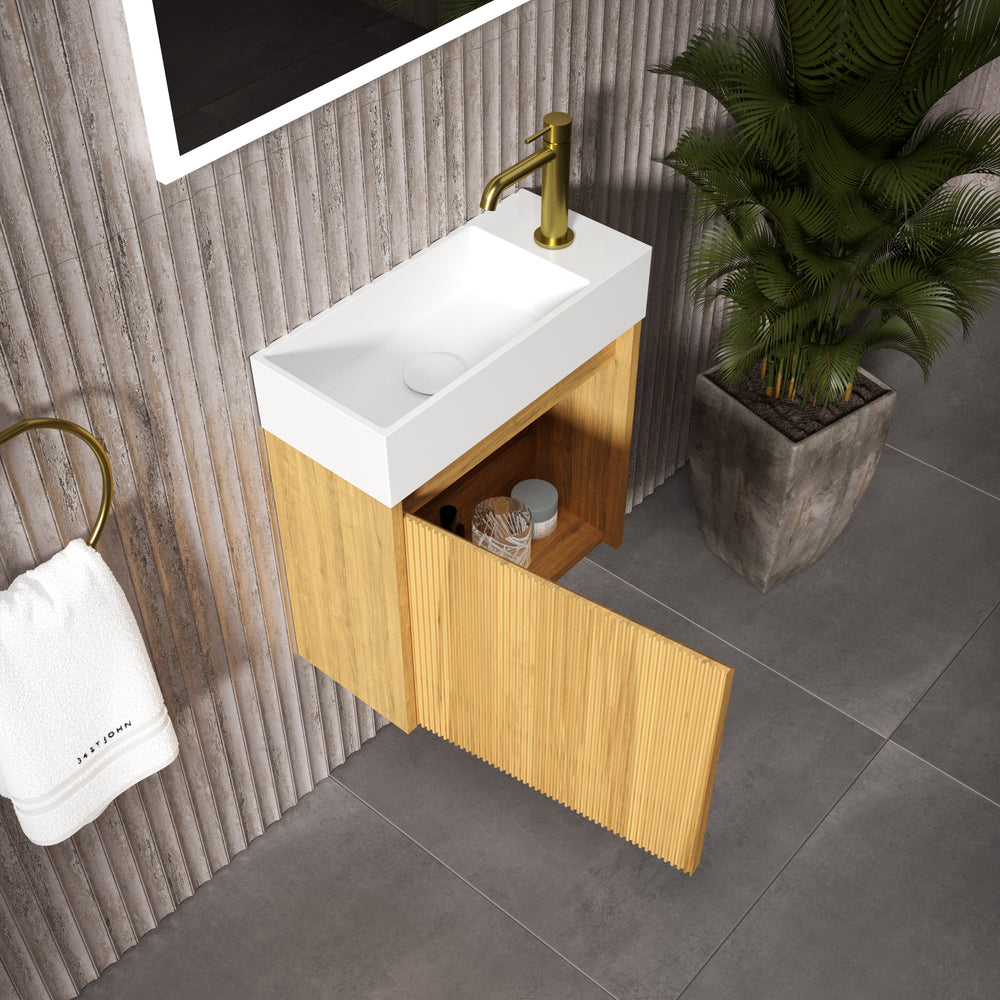 Scanalato Single Door Vanity Unit With Beyondstone Basin - Oak 450mm