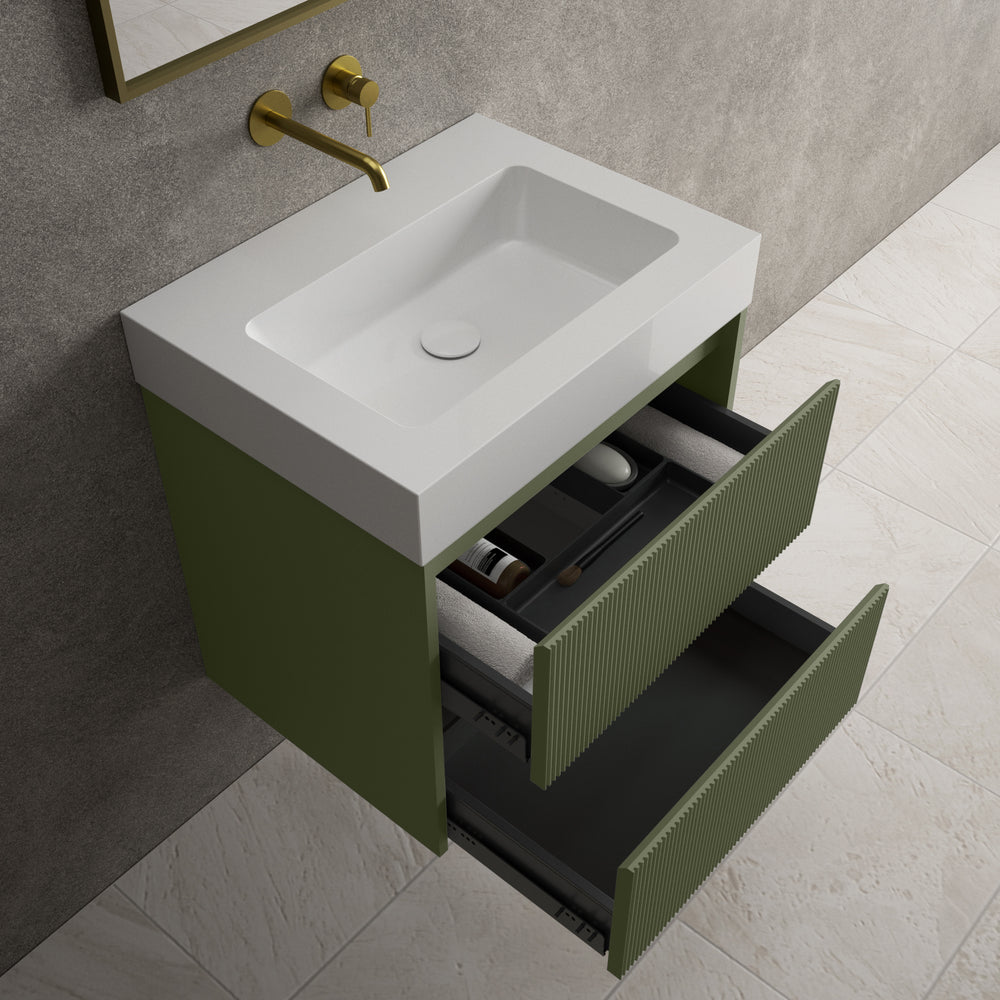 Scanalato Double Drawer Vanity Unit  With Beyondstone BLOC Basin - Seaweed 600mm