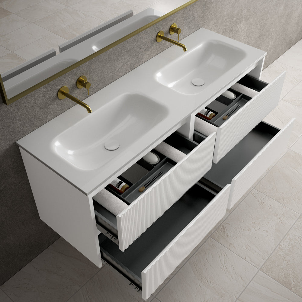 Scanalato Four Drawer Vanity Unit With Beyondstone Double Basin - Pure White 1400mm