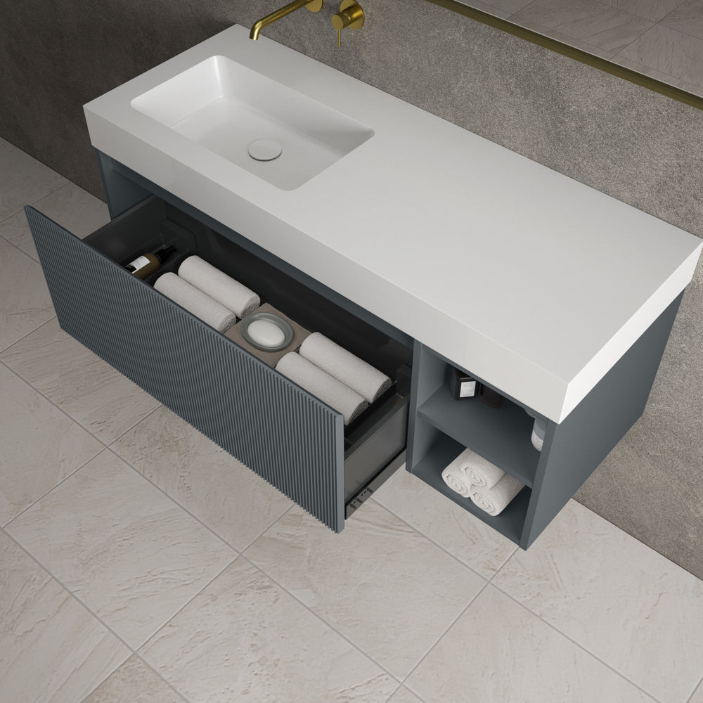Scanalato Single Drawer Vanity Unit With Open Storage Space And Beyondstone BLOC Basin - Slate Grey 1200mm