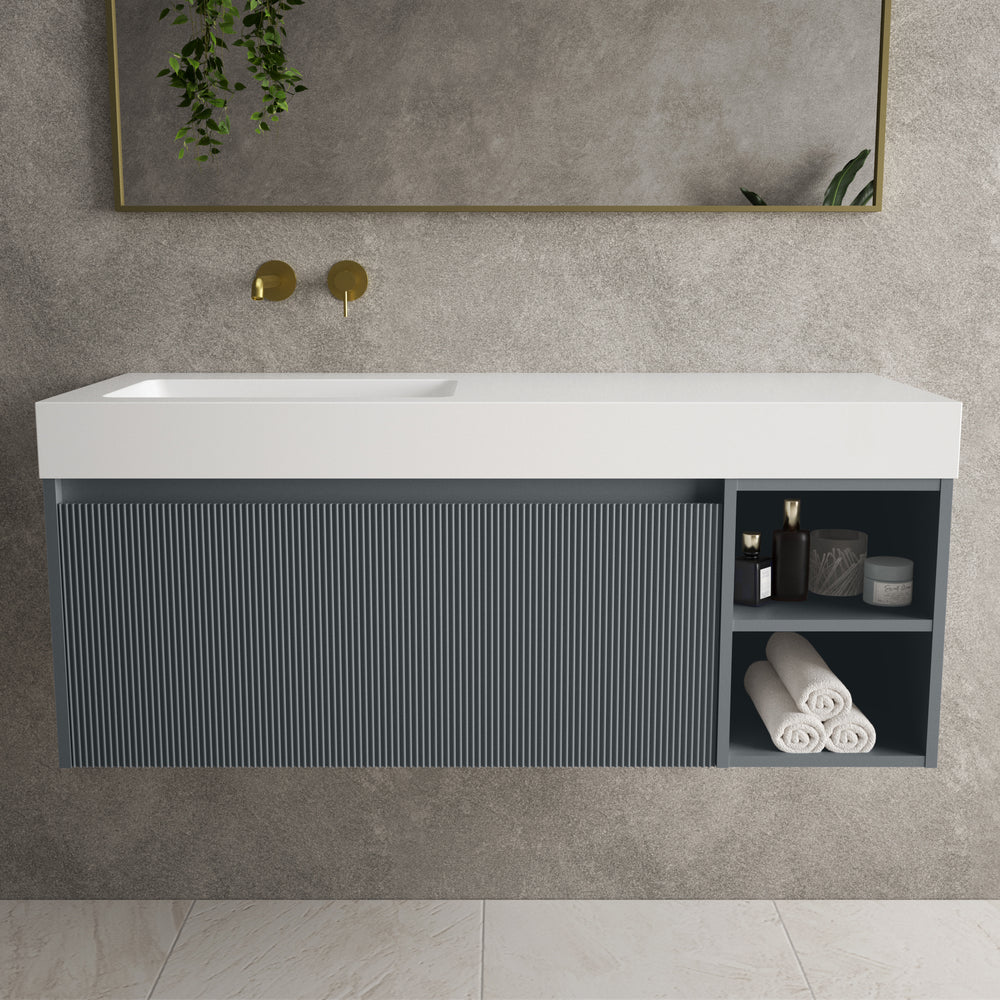 Scanalato Single Drawer Vanity Unit With Open Storage Space And Beyondstone BLOC Basin - Slate Grey 1200mm