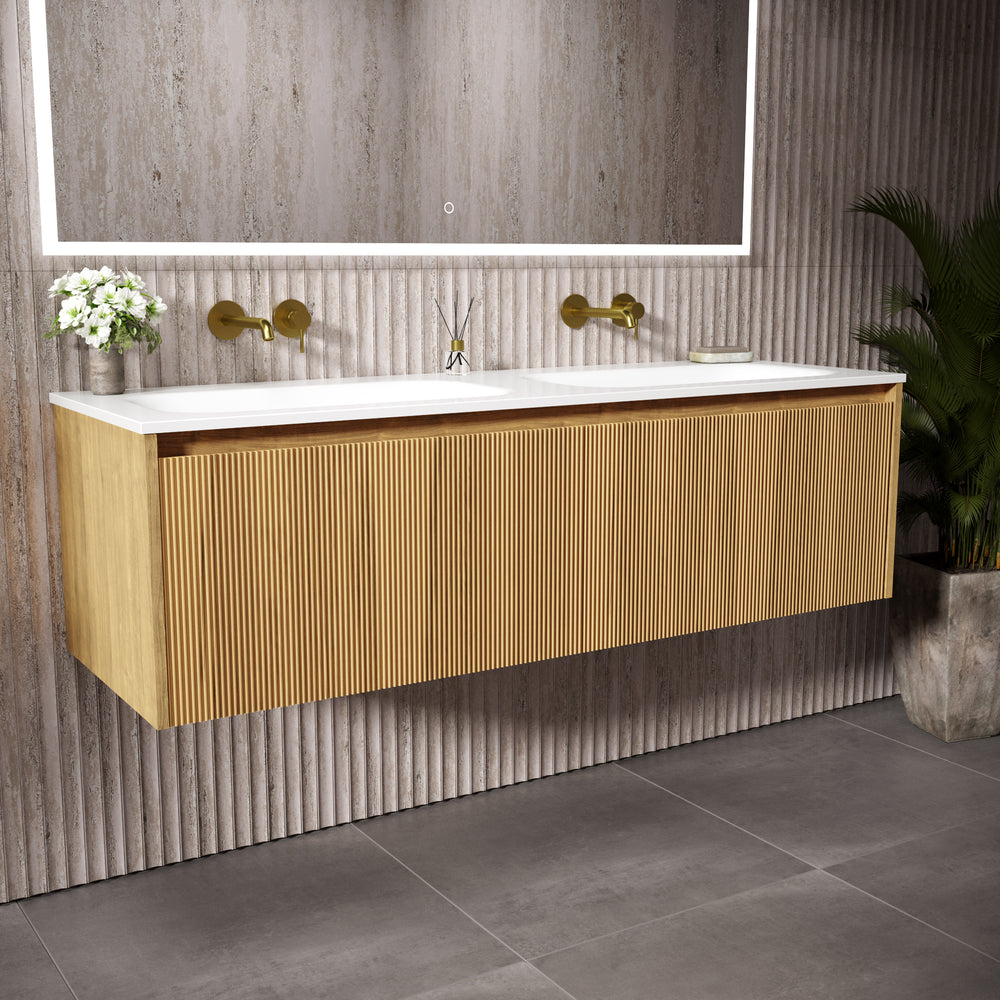 Scanalato Double Drawer Vanity Unit With Beyondstone Double Basin - Oak 1400mm