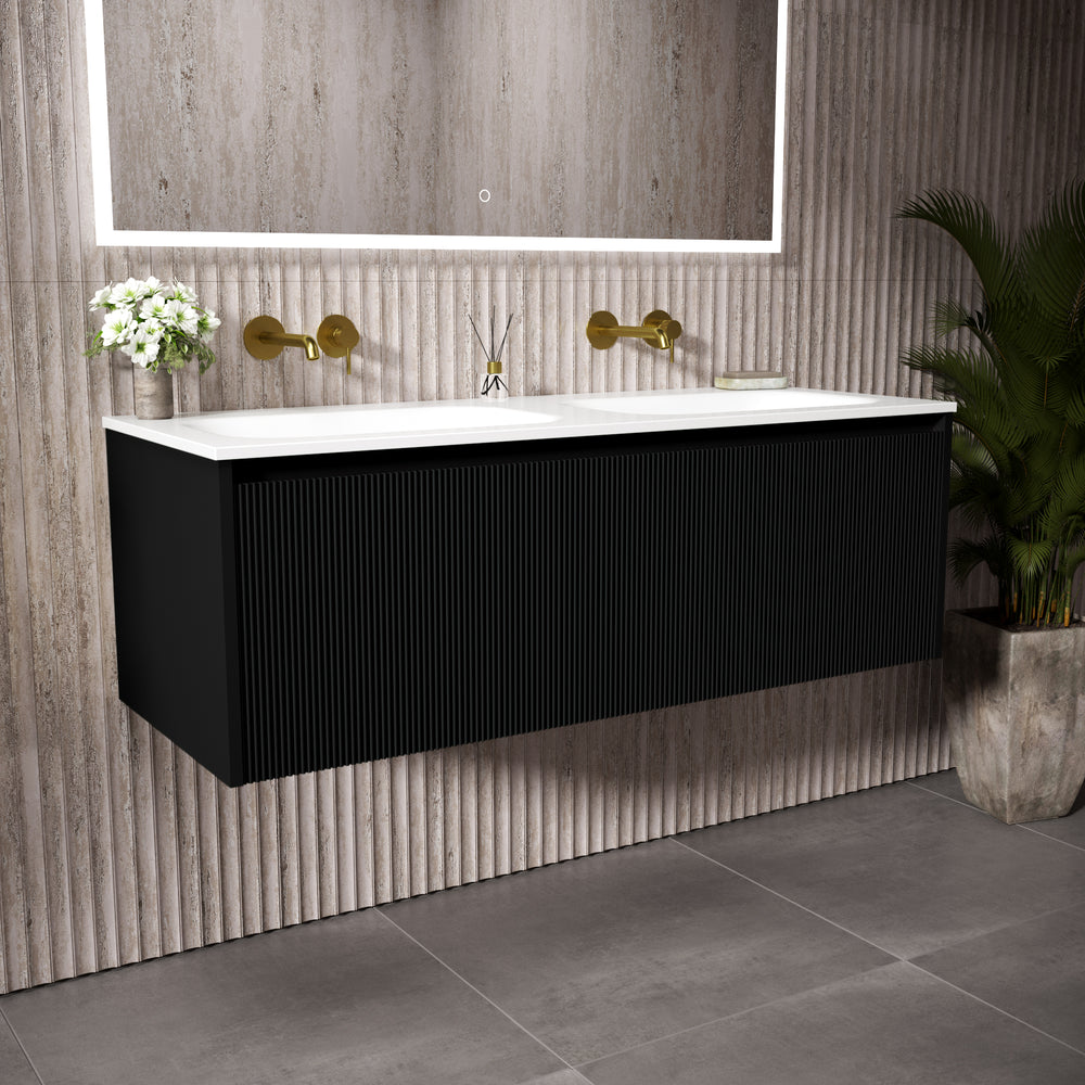 Scanalato Single Drawer Vanity Unit With Beyondstone Double Basin - Pure Black 1200mm