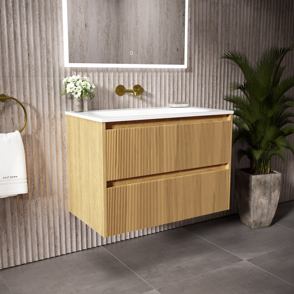 Scanalato Double Drawer Vanity Unit  With Beyondstone Basin - Oak 800mm