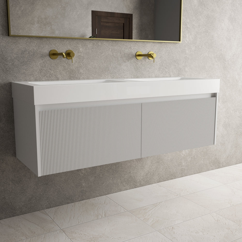 Scanalato Double Drawer Vanity Unit With Beyondstone BLOC Double Basin - Soft Grey 1400mm