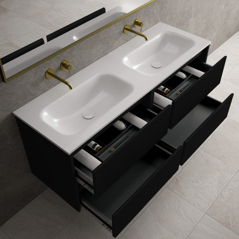 Scanalato Four Drawer Vanity Unit With Beyondstone Double Basin - Pure Black 1400mm