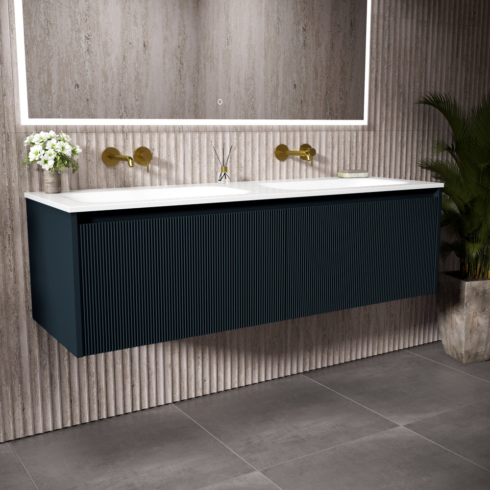 Scanalato Double Drawer Vanity Unit With Beyondstone Double Basin - Midnight Blue 1400mm