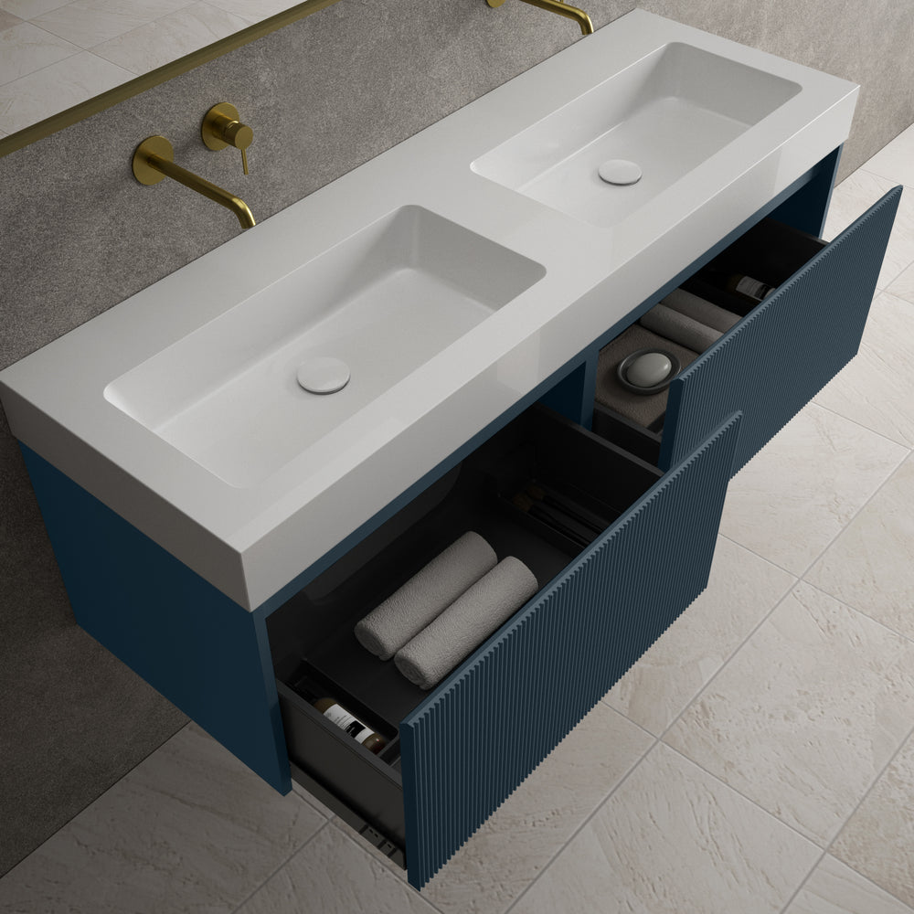Scanalato Double Drawer Vanity Unit With Beyondstone BLOC Double Basin - Midnight Blue 1400mm