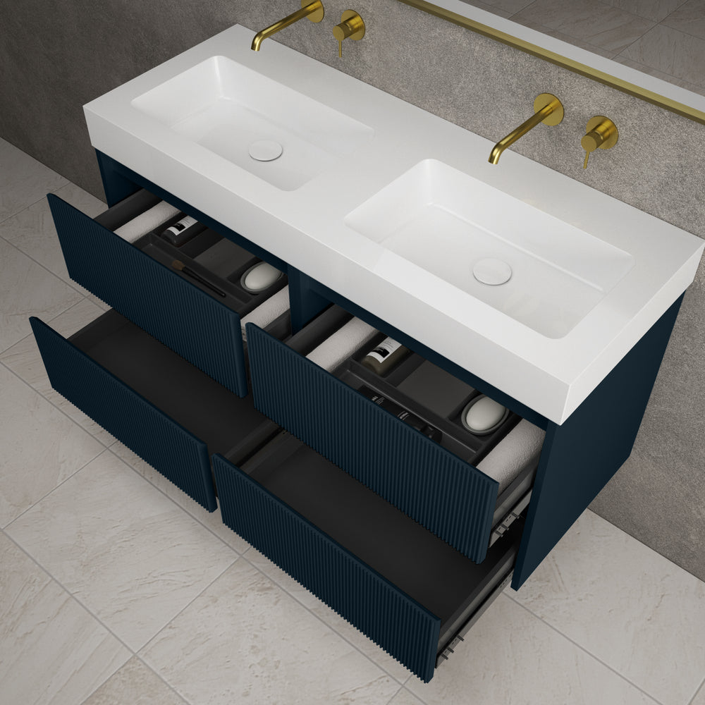 Scanalato Four Drawer Vanity Unit With Beyondstone BLOC Double Basin - Midnight Blue 1200mm