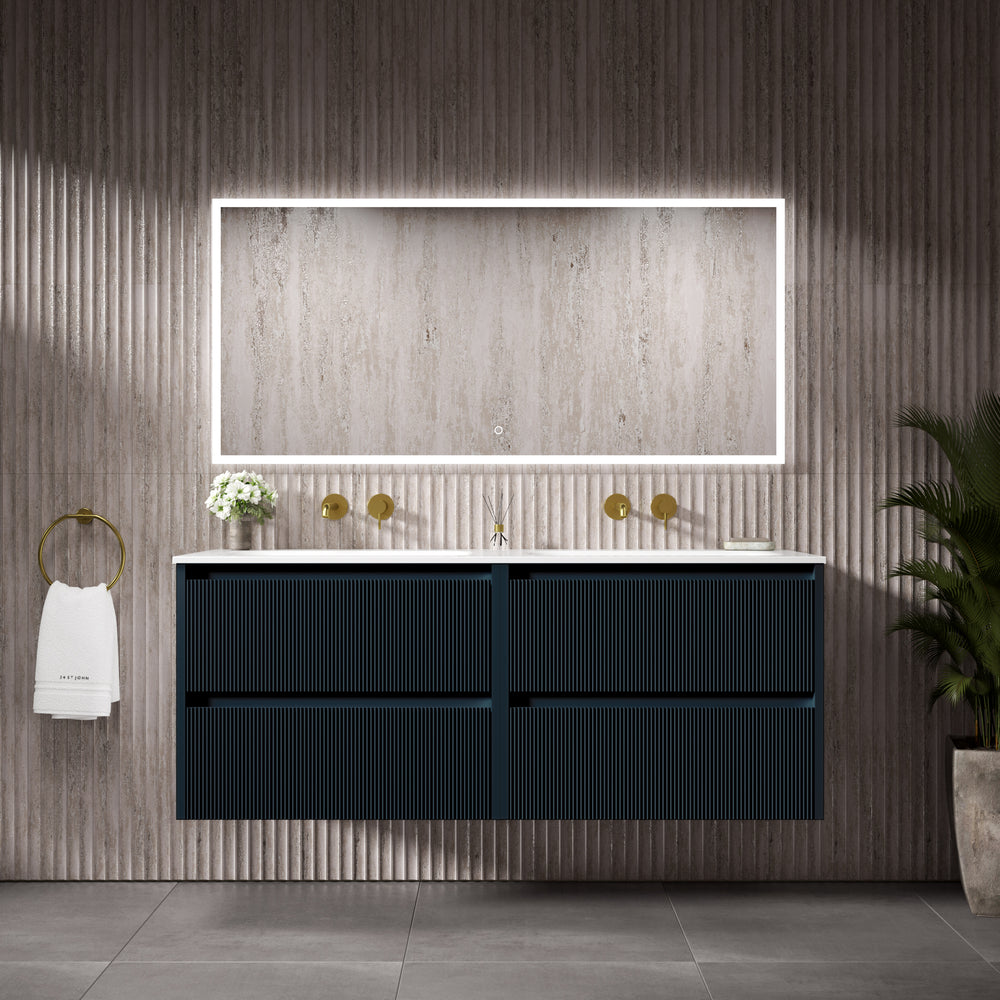 Scanalato Four Drawer Vanity Unit With Beyondstone Double Basin - Midnight Blue 1400mm