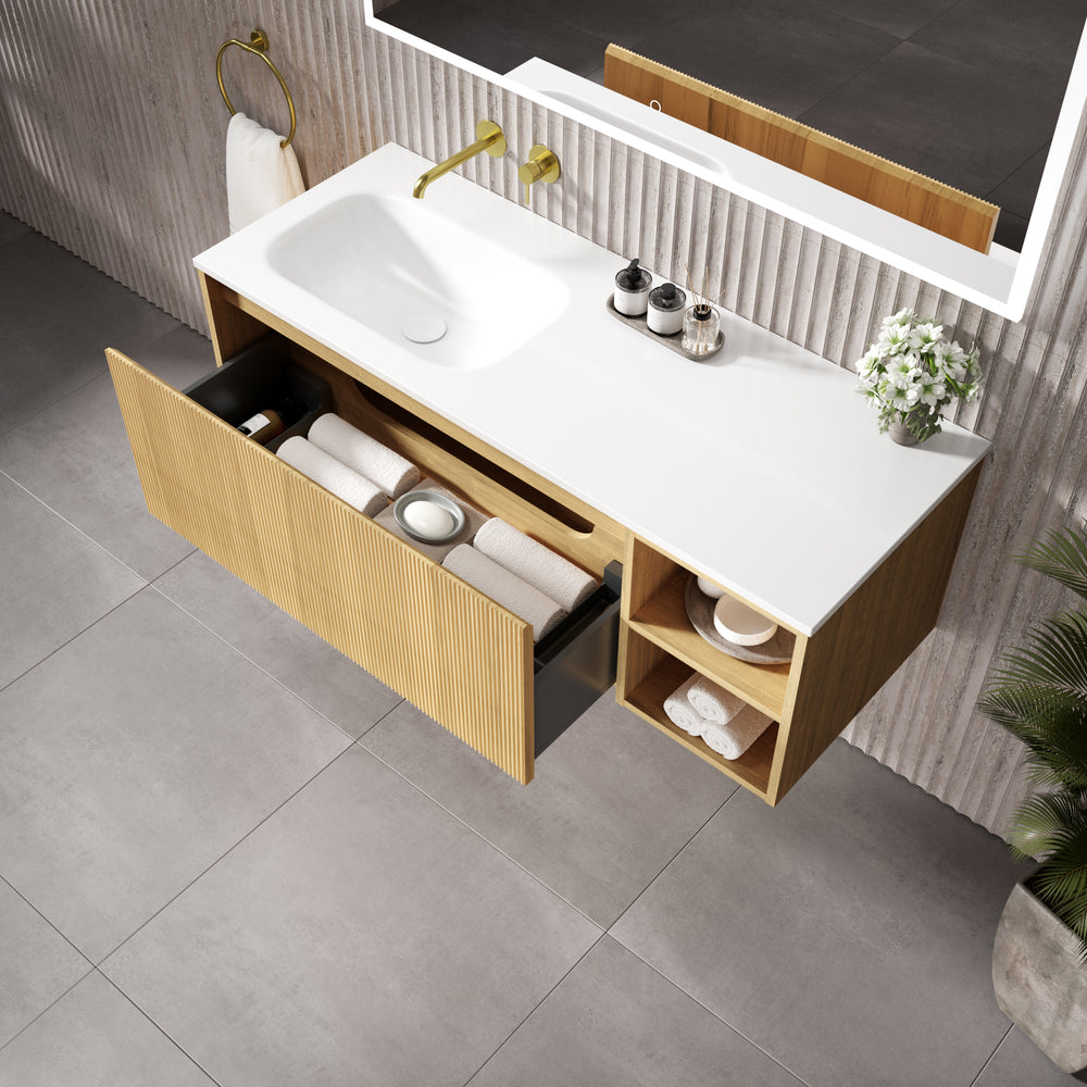 Scanalato Single Drawer Vanity Unit With Open Storage Space And Left Hand Beyondstone Basin - Oak 1200mm