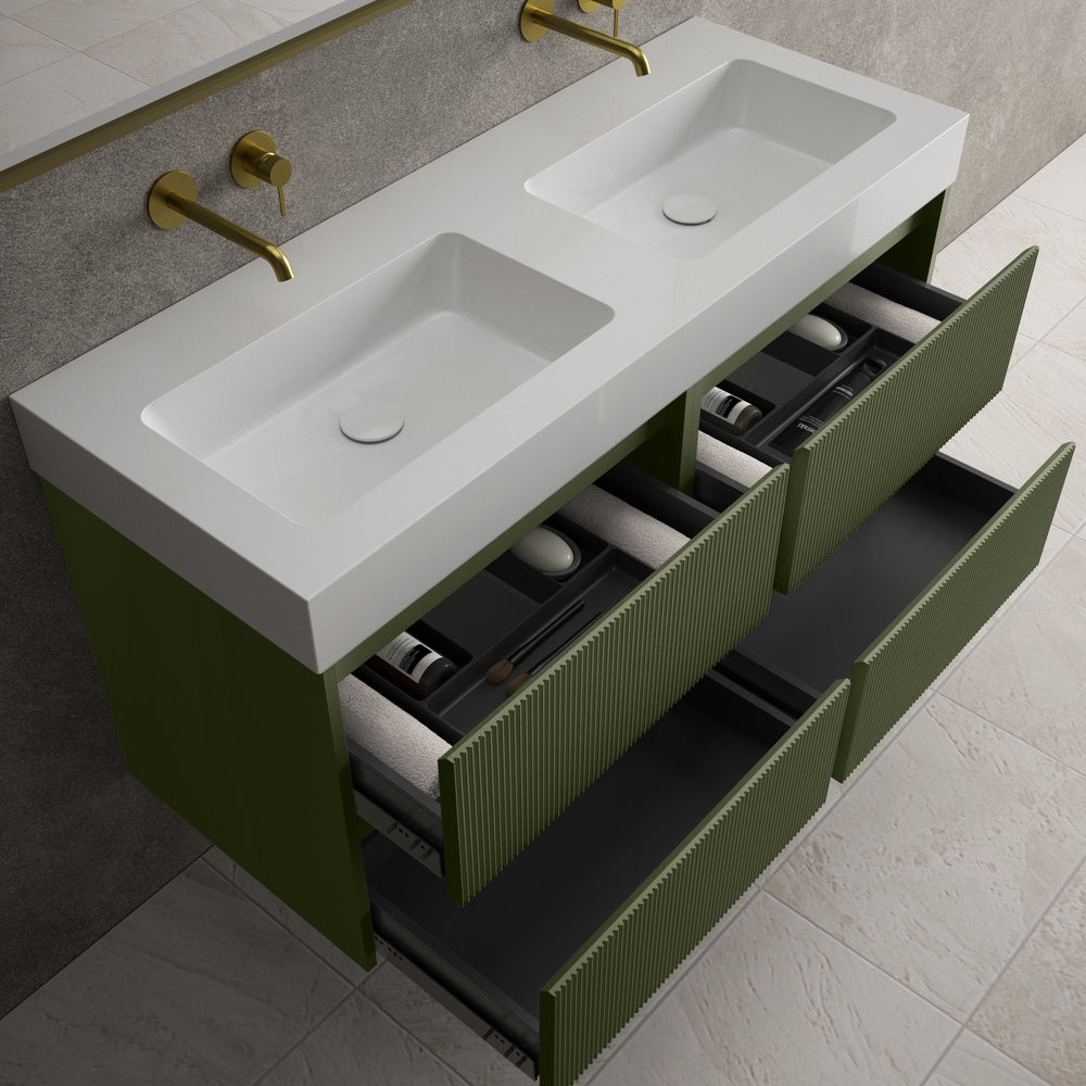 Scanalato Four Drawer Vanity Unit With Beyondstone BLOC Double Basin - Seaweed 1200mm