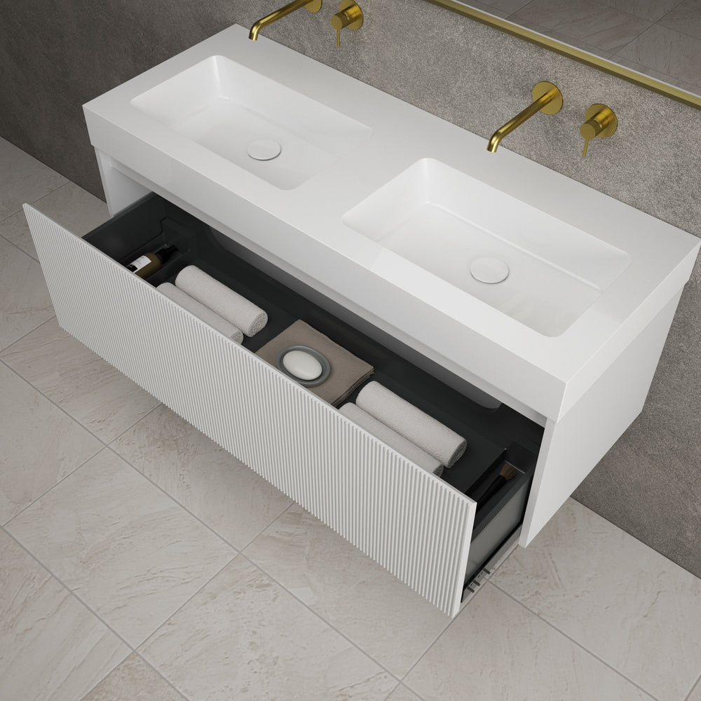 Scanalato Single Drawer Vanity Unit With Beyondstone BLOC Double Basin - Soft Grey 1200mm